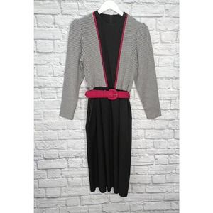 Vintage EJM Women's M Black Plaid A-Line Dress Pink Belt Long Sleeve 80s